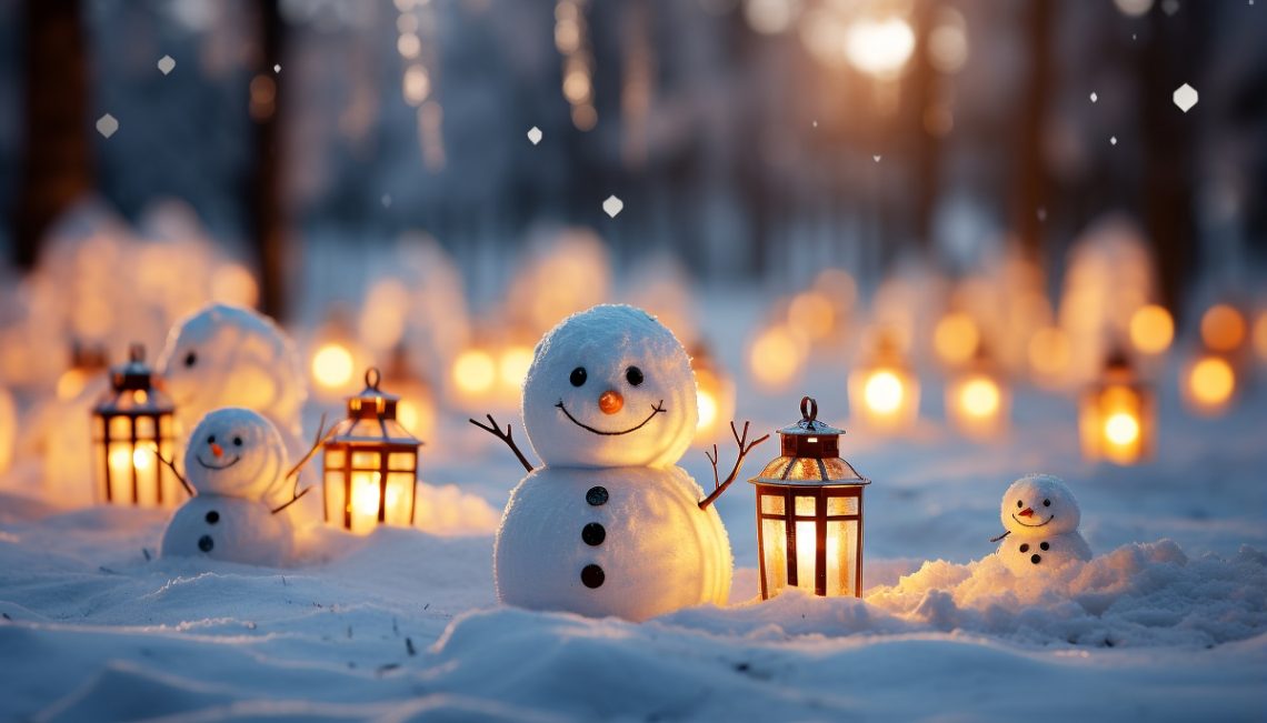 Snowman smiling in the night, winter celebration with decorations generated by artificial intelligence