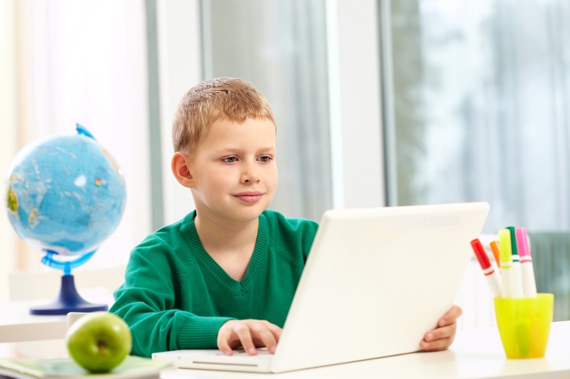 Portrait of smart schoolboy typing on laptop at lesson